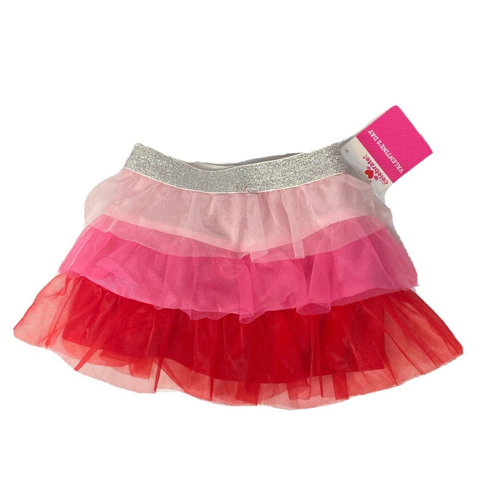 Infant Girls Pink Red Silver Sparkly Waistband Valentines Tulle Tutu Skirt 12M